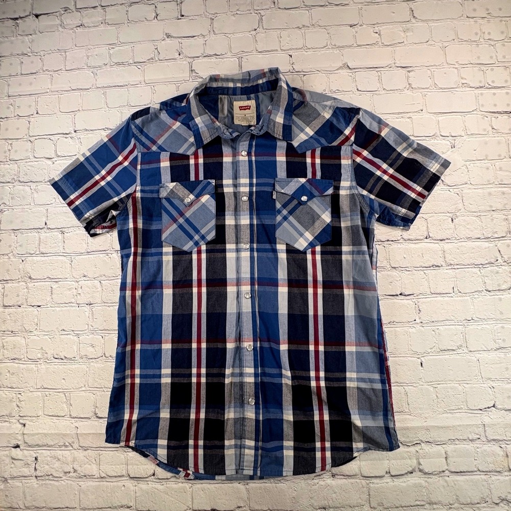 Levi Strauss Western Shirt Mens M Blue Plaid Excellent Short Sleeve Snap Front